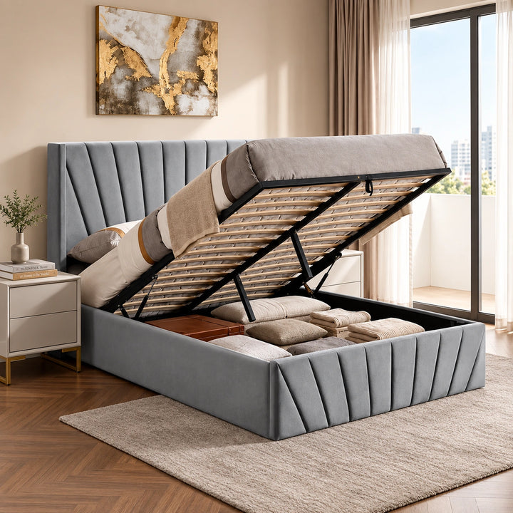 Konas Grey Velvet Upholstered Smart Storage Platform Bed Frame